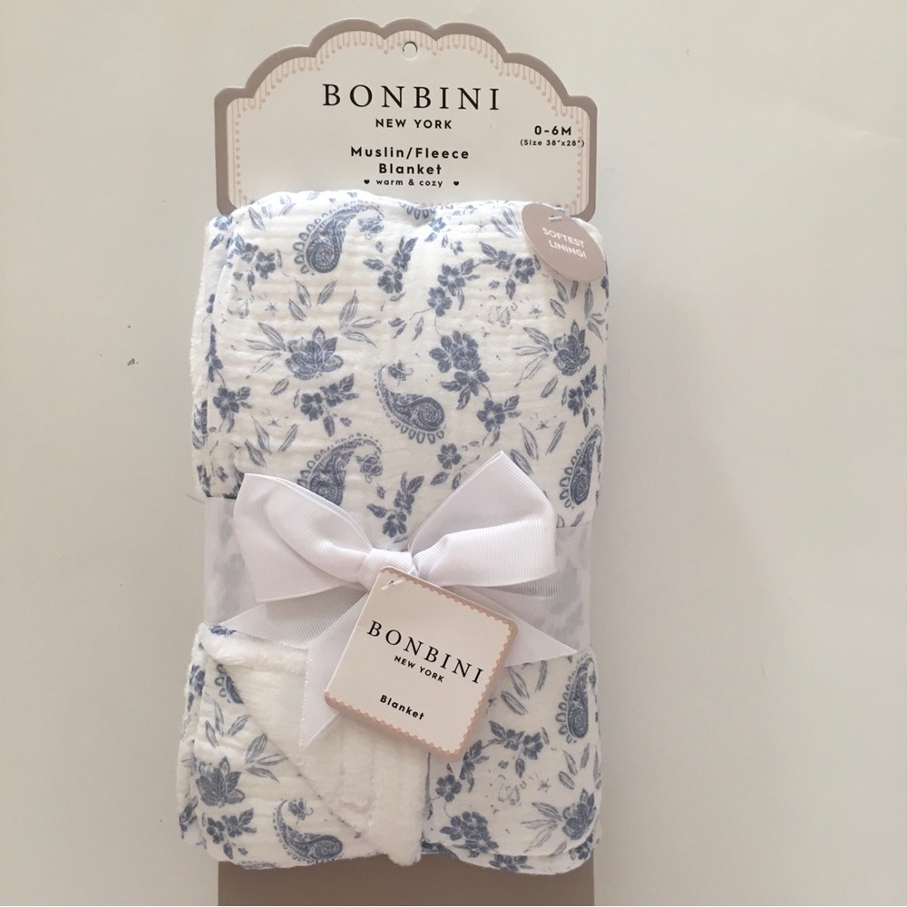 Baby Blanket Muslin Cotton Blue Floral Soft Lining NEW | Bonbini